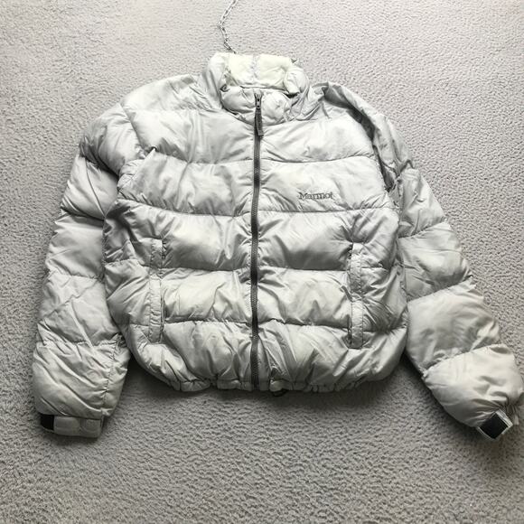 Marmot Goose Down Insulated Nylon Jacket Womens Large Full Zip Pocket Logo Gray - Picture 1 of 11
